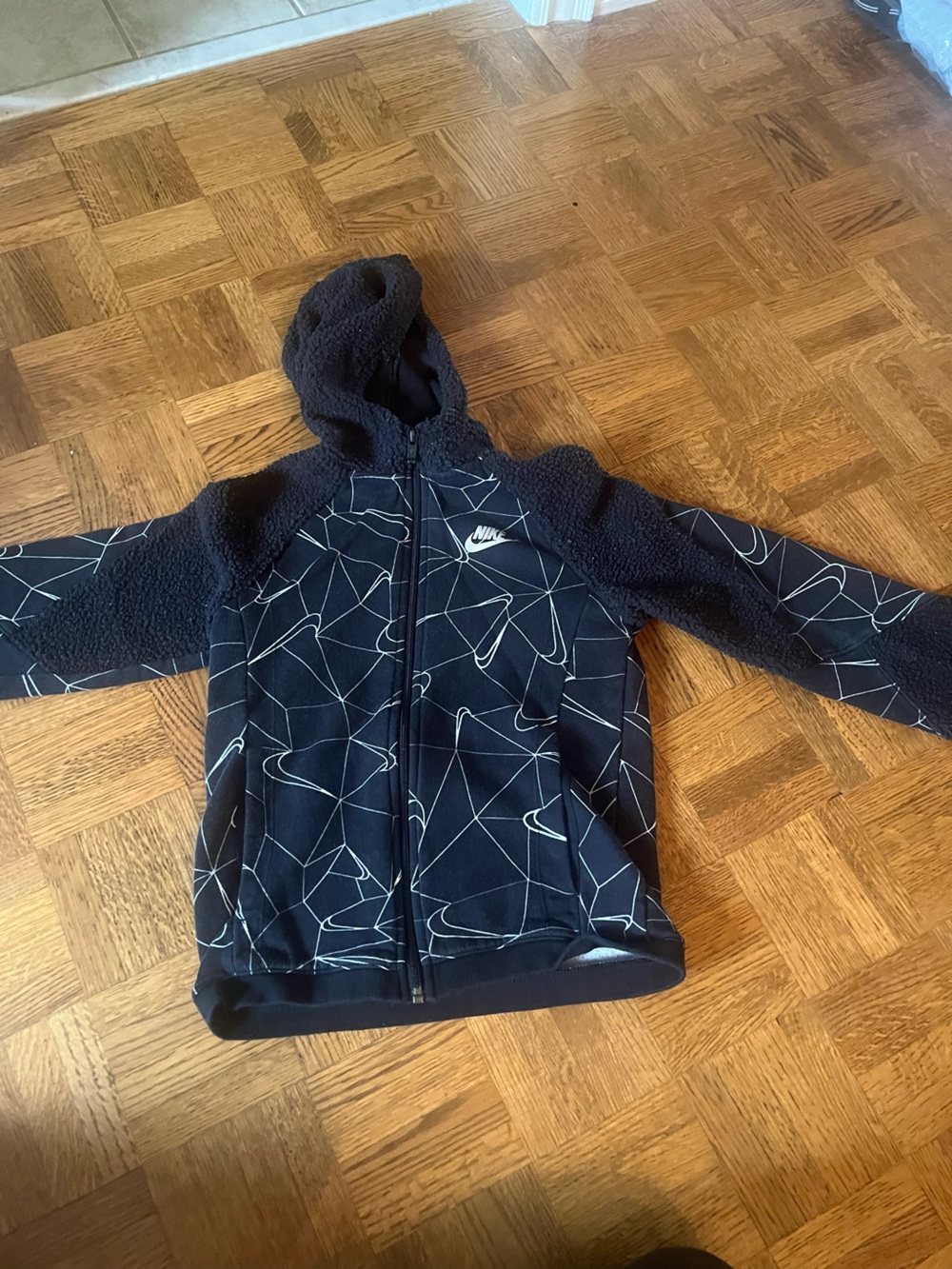 Nike Kids Black Patterned Sherpa Hoodie Jacket with White Logo